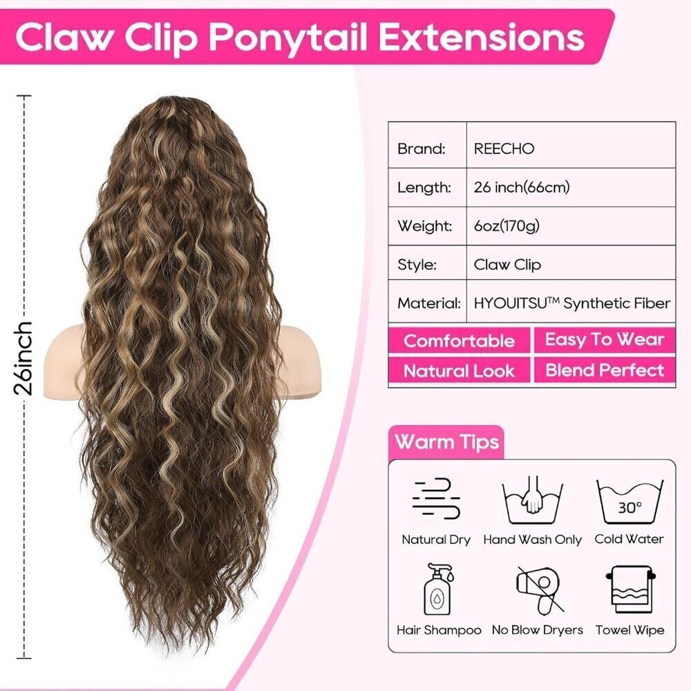 Ponytail Extension 26" Long Claw Clip Ponytail Extension Curly Wavy Pony Tails H - Picture 2 of 8